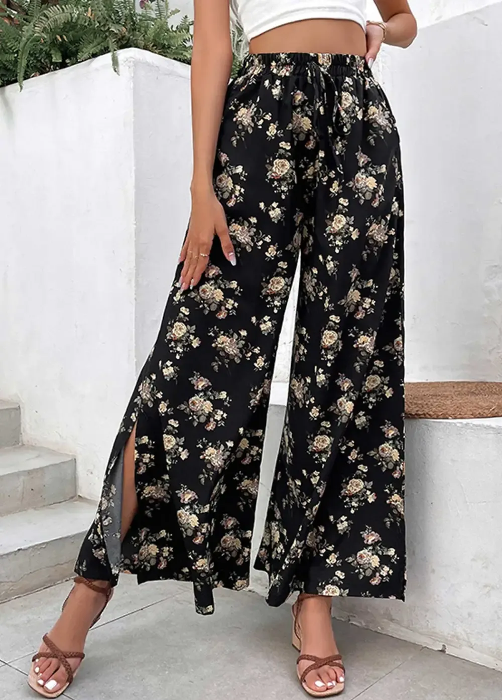 Black Split Ditsy Floral Print Flare Leg Pants
