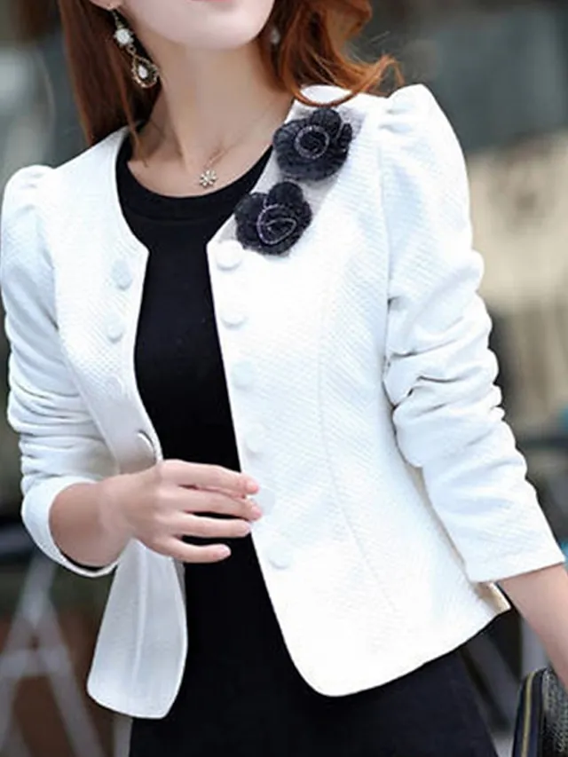 Women's Blazer Fall Short Bow Coat White Black Pink Fuchsia Elegant Street Spring Open Front Round Neck Regular Fit S M L XL XXL 3XL