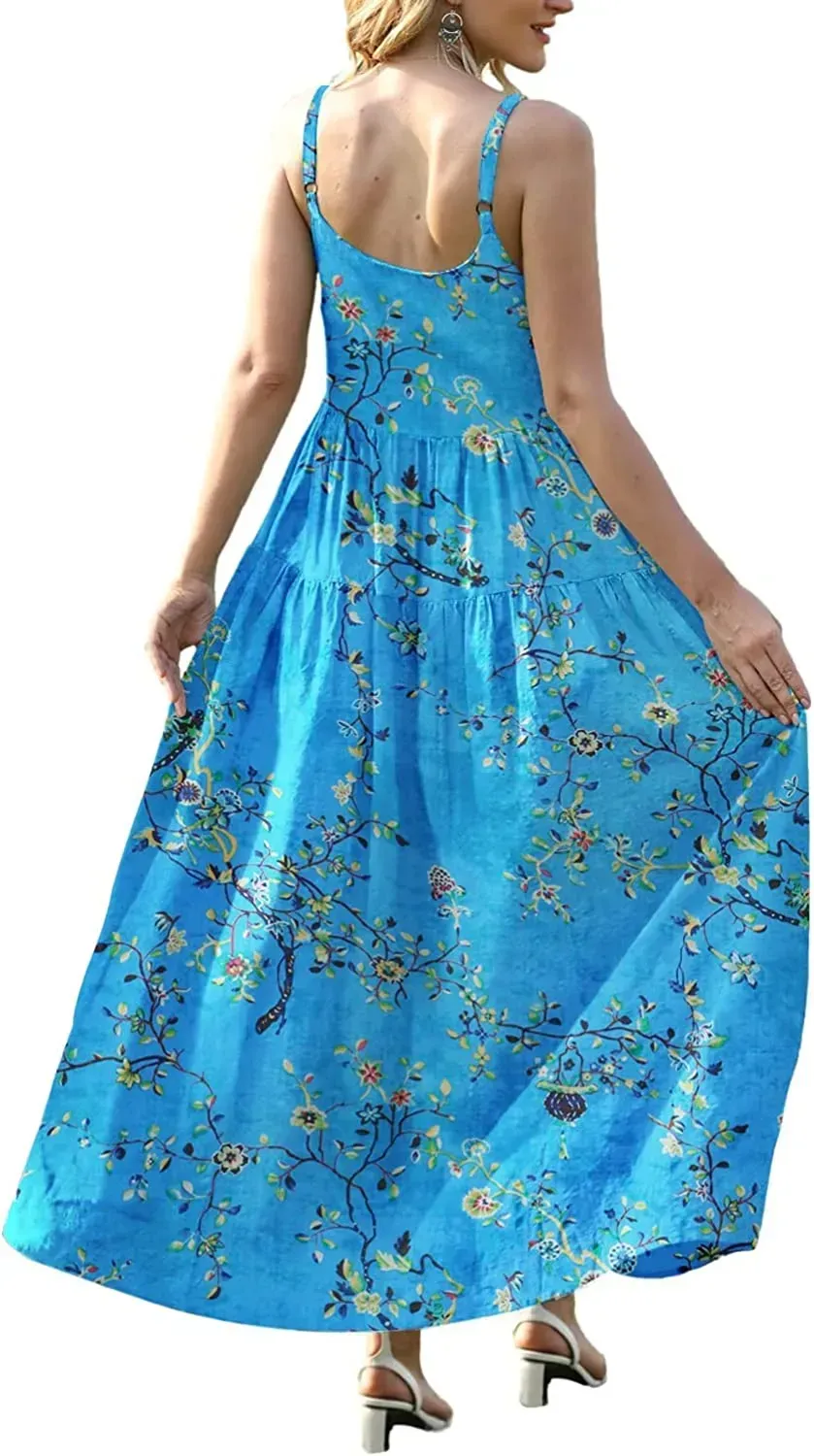 Summer Dresses for Women Casual Loose Bohemian Floral Dress with Pockets Spaghetti Strap Maxi Dress E75