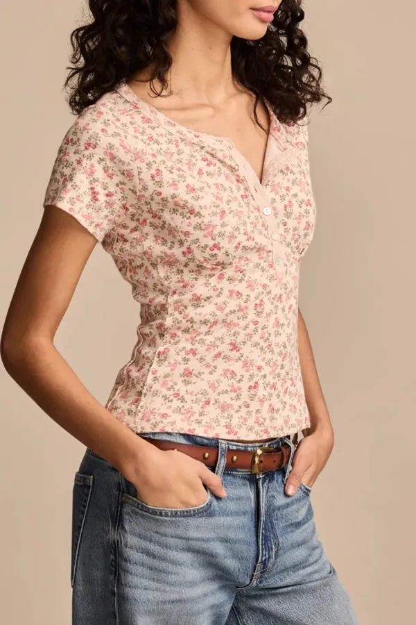 Crochet Trim Short Sleeve Henley