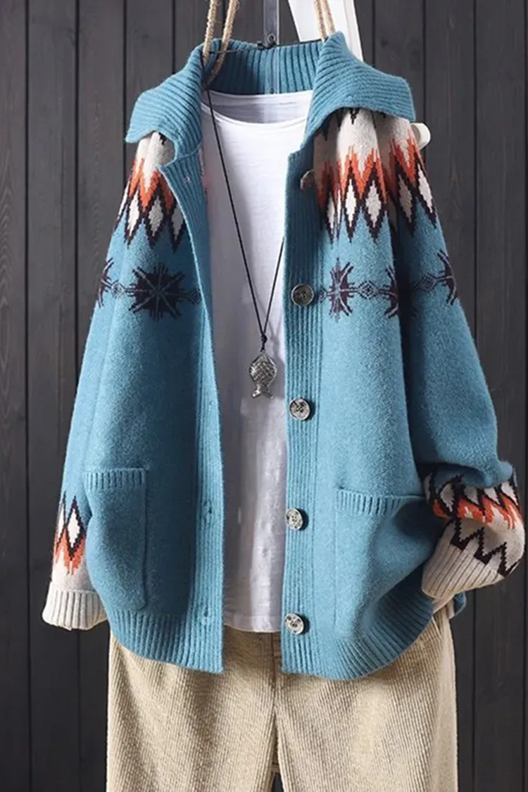 Vintage Icelandic Jacquard Sweater Lapel Cardigan