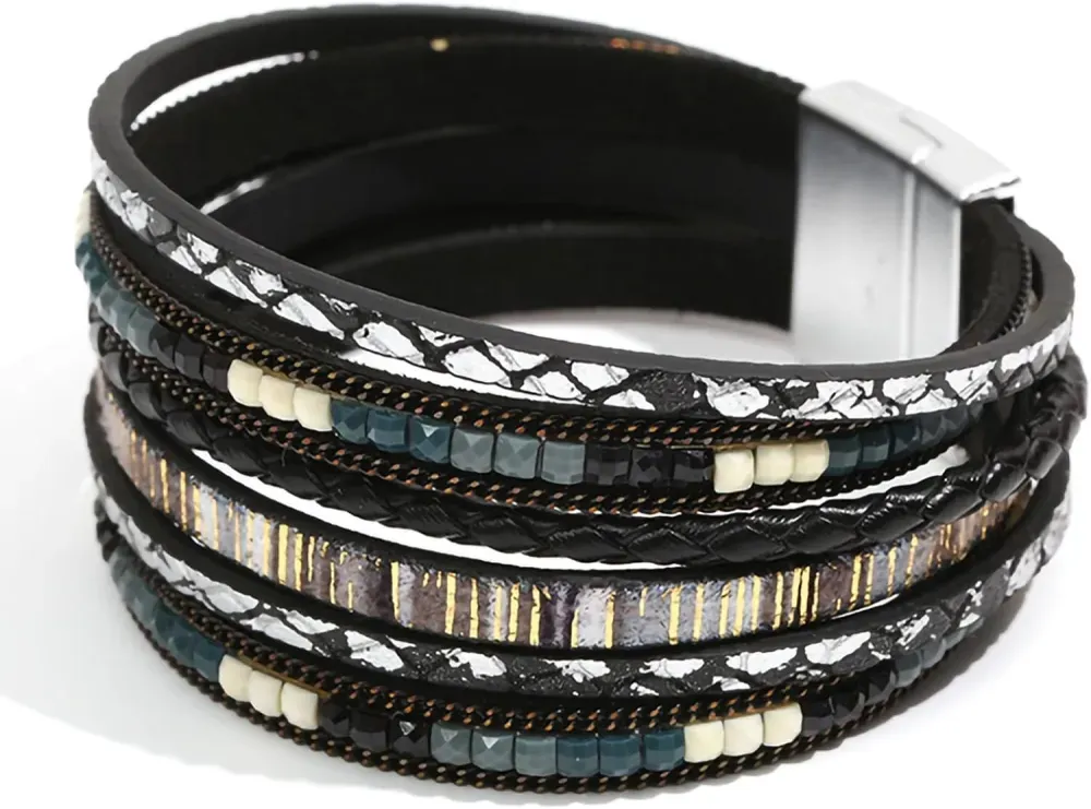 Fesciory Leather Wrap Bracelets for Women, Boho Leopard Multi-Layer Crystal Beads Cuff Bracelet Jewelry