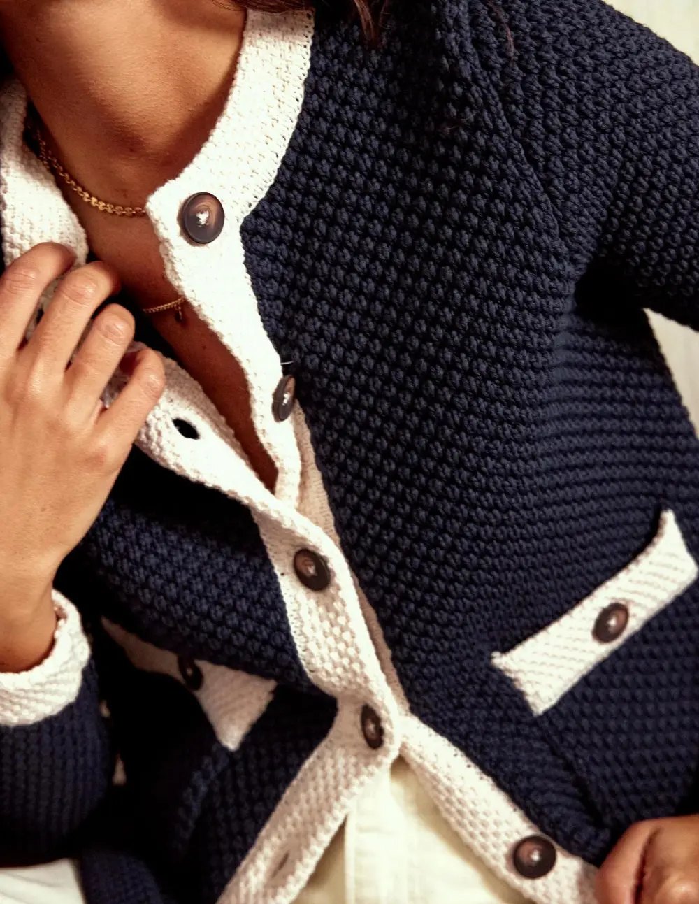 Navy and White Textured Knit Cardigan