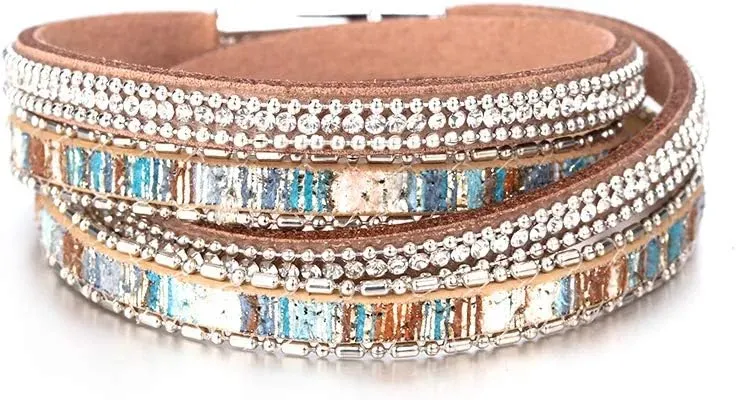 Fesciory Leather Wrap Bracelets for Women, Boho Leopard Multi-Layer Crystal Beads Cuff Bracelet Jewelry