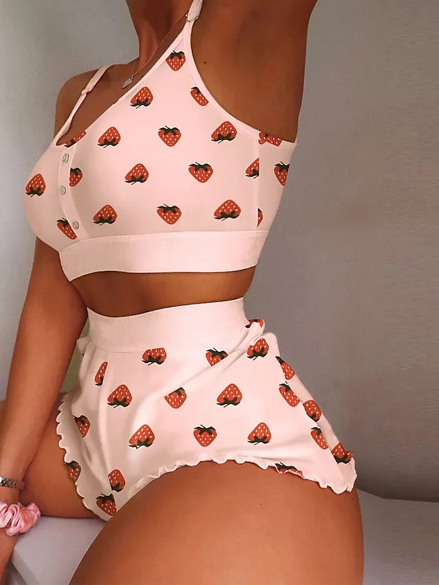 Women's Pajamas Sets Nighty Pjs 2 Pieces Fruit Lip Hot Soft Sweet Valentine's Day Gyms Polyester Crew Neck Crop Top Shorts Spring Summer Pink White / Sexy