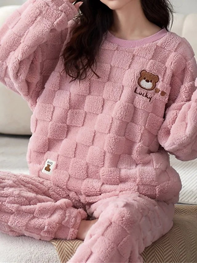 Women's Pajamas Sets Letter Bear Plush Casual Comfort Home Daily Bed Coral Fleece Coral Velvet Warm Crew Neck Long Sleeve Pullover Pant Fall Winter 3206 Pink Checkered Bear Girl 3202 Pink Checkered