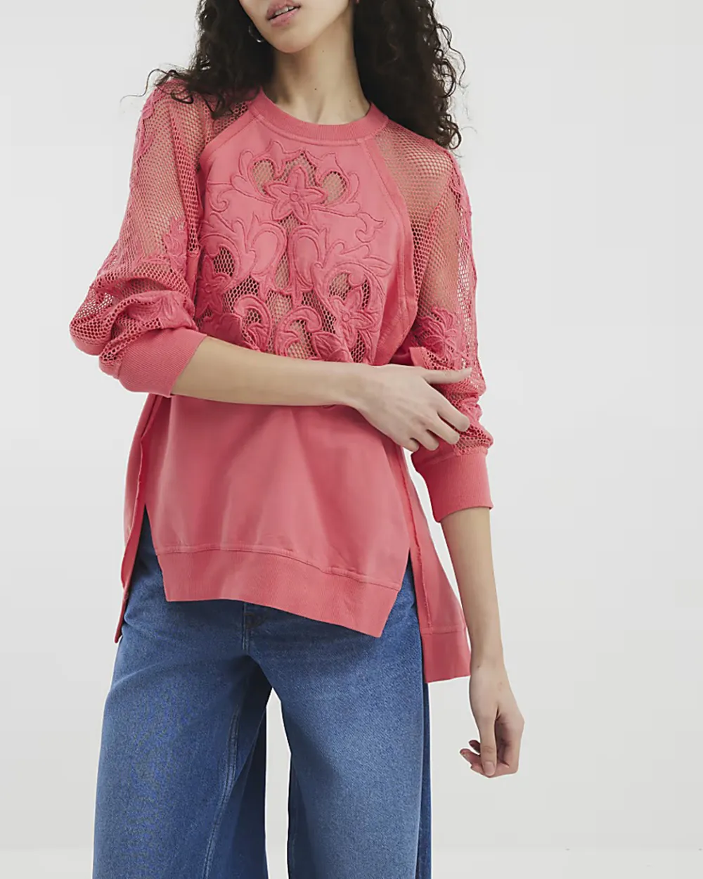 Pure Cotton Art Hollow Pink Floral Women's Sweatshirts