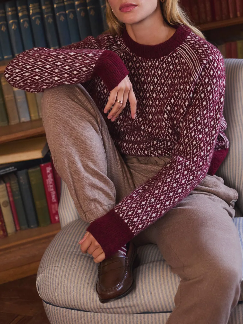 Cream/Navy Patterned Jumper with Detachable Roll Neck