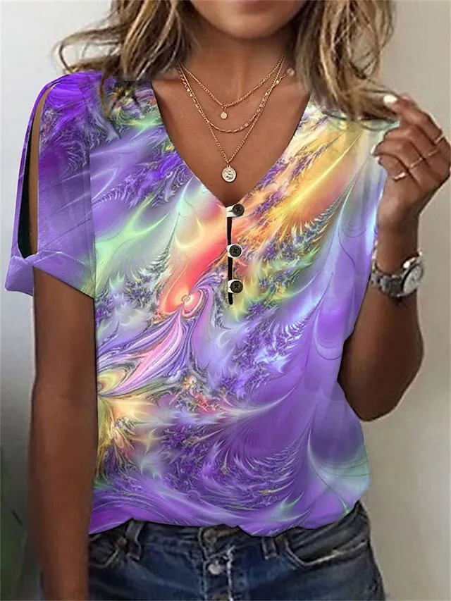 Women's T shirt Tee Graphic Blue Purple Green Button Cut Out Print Short Sleeve Daily Weekend Basic Neon & Bright V Neck Regular Fit