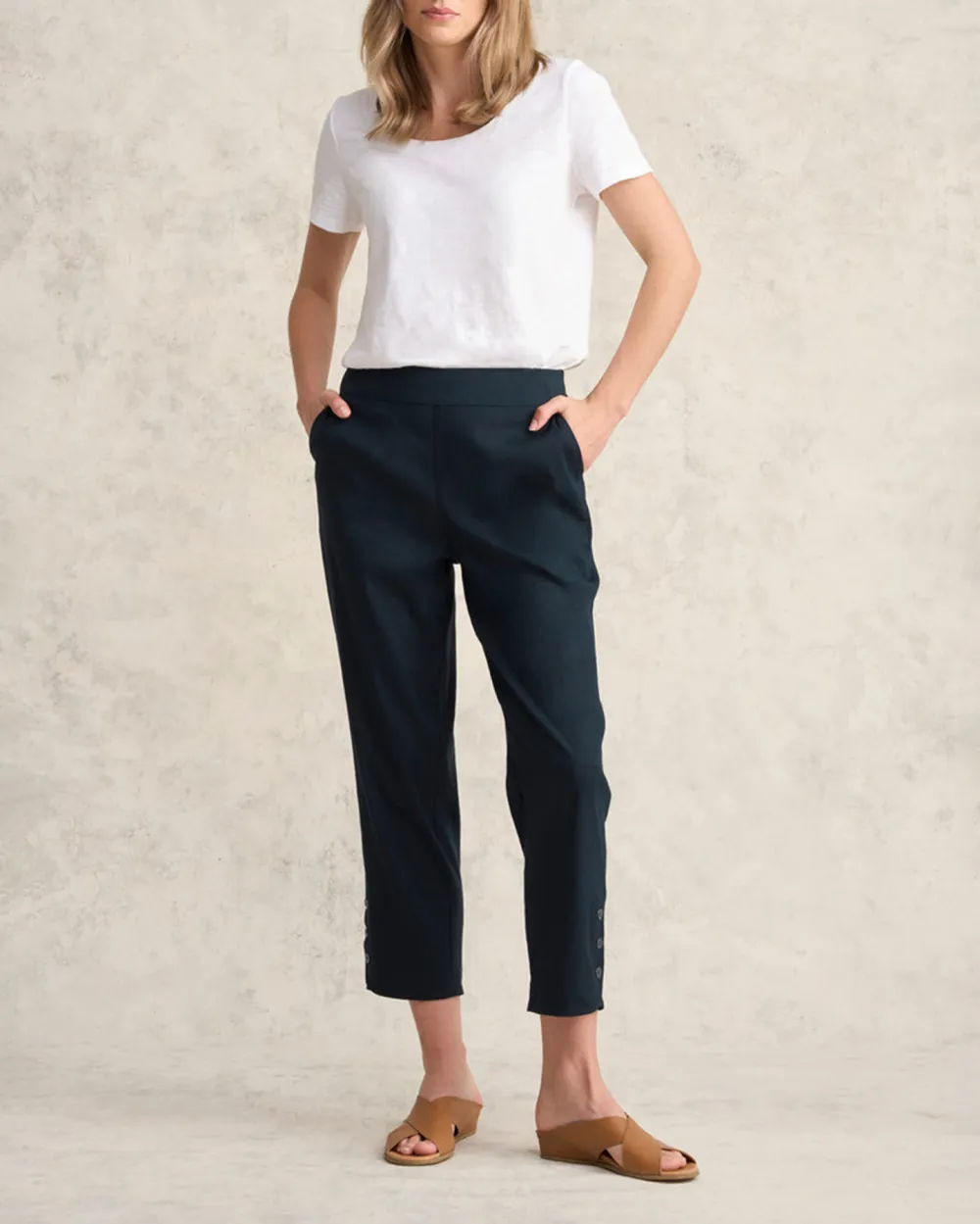 Mid Waist Curved Hem Linen Trousers