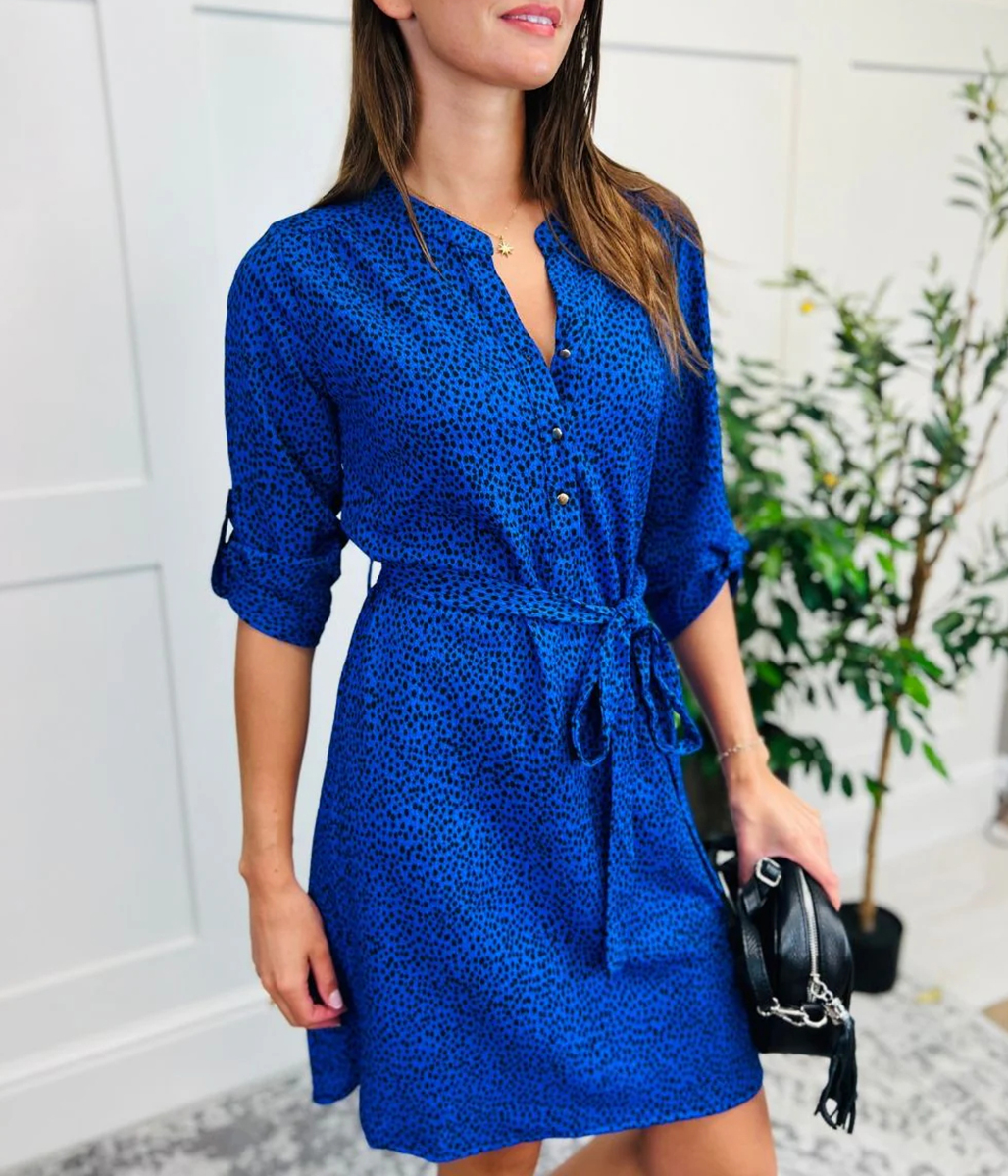 Blue Dotty Print Belted Shirt Dress - jantd