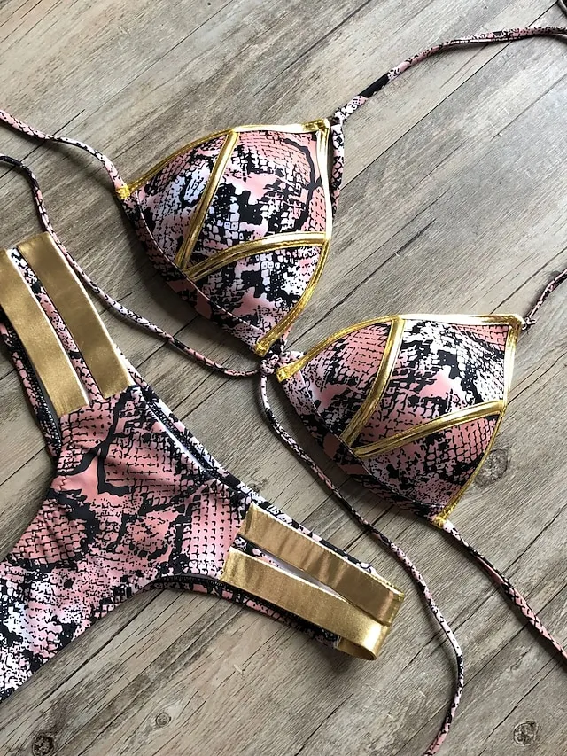 Women's Swimwear Bikini 2 Piece Normal Swimsuit Open Back Cut Out Sexy Leopard Color Block Leopard Print Black Pink Wine Dusty Rose Camisole Strap Bathing Suits New Vacation Sexy