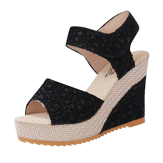Women's Sandals Wedge Sandals Lace Wedge Heel Peep Toe Casual Polyester Mesh Magic Tape Black Beige
