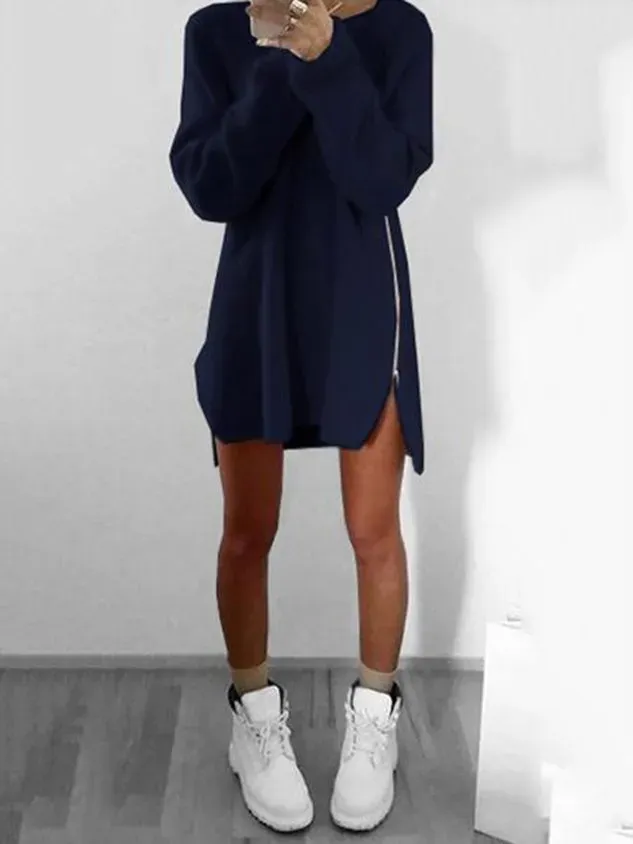 Women Fluffy Zipper Long Sleeve Casual Plus Size Sweater Dress