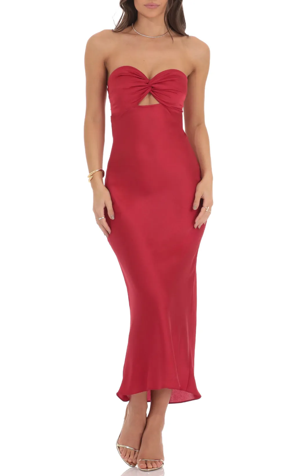 Satin Twist Cutout Midi Dress in Red