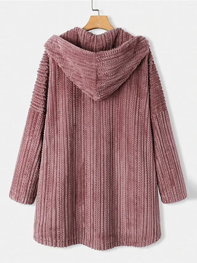 Women's Plus Size Teddy Coat Winter Coat Button Pocket Plain Outdoor Causal Long Sleeve Hoodie Regular Winter Fall Black Blue Khaki XL XXL 3XL 4XL 5XL