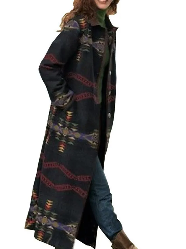 Women's Winter Coat Windproof Warm Outdoor Street Daily Vacation Pocket Oversized Print Single Breasted Lapel Chic & Modern Elegant Modern Street Style Geometric Regular Fit Outerwear Long Sleeve