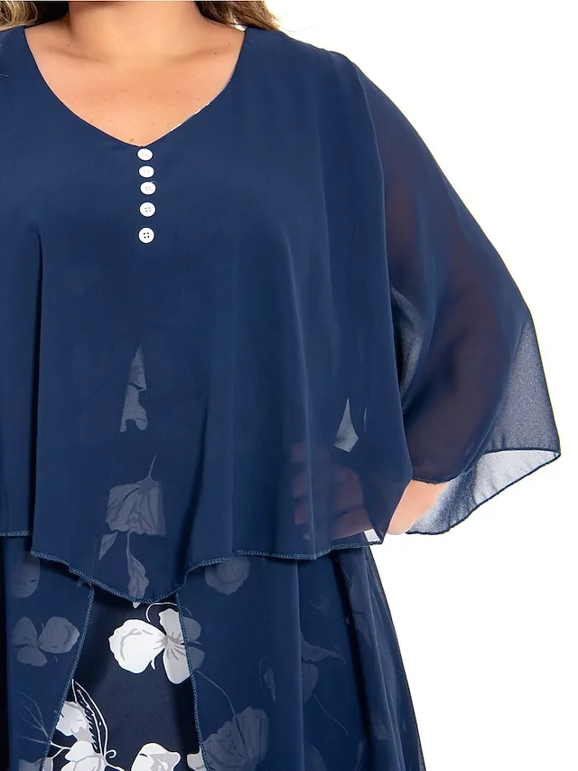 Women‘s Plus Size Curve Work Dress Floral V Neck Ruched 3/4 Length Sleeve Spring Summer Work Elegant Midi Dress  Layered Formal Vacation Dress Wedding Guest Dress