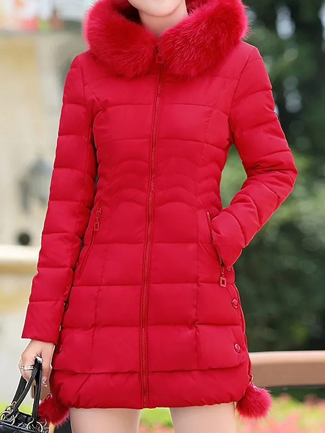 Women's Parka Long Puffer Jacket with Fur Collar Hood Winter Coat Windproof Warm Casual Jacket Long Sleeve Plain with Pockets Full Zip Black Pink Red