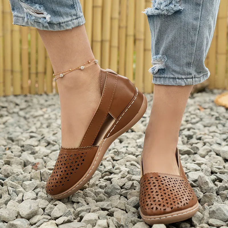 Women's Hollow Out Flat Sandals, Solid Color Cut-out Closed Toe Slip On Shoes, Casual Faux Leather Shoes