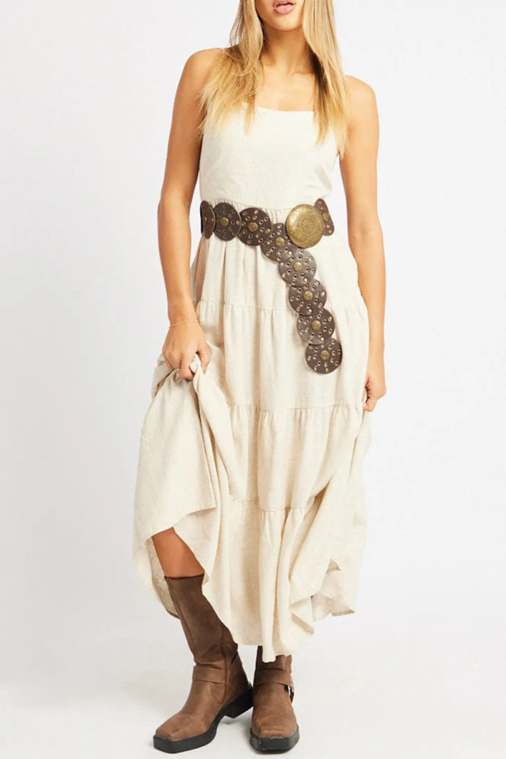 Beige Midi Dress Tiered Strappy