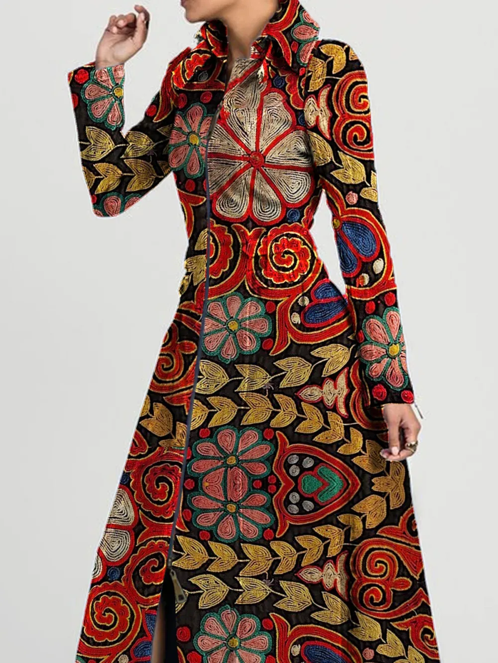 Ursime Vintage Boho Floral Turndown Collar Long Sleeve Zipper Maxi Dress