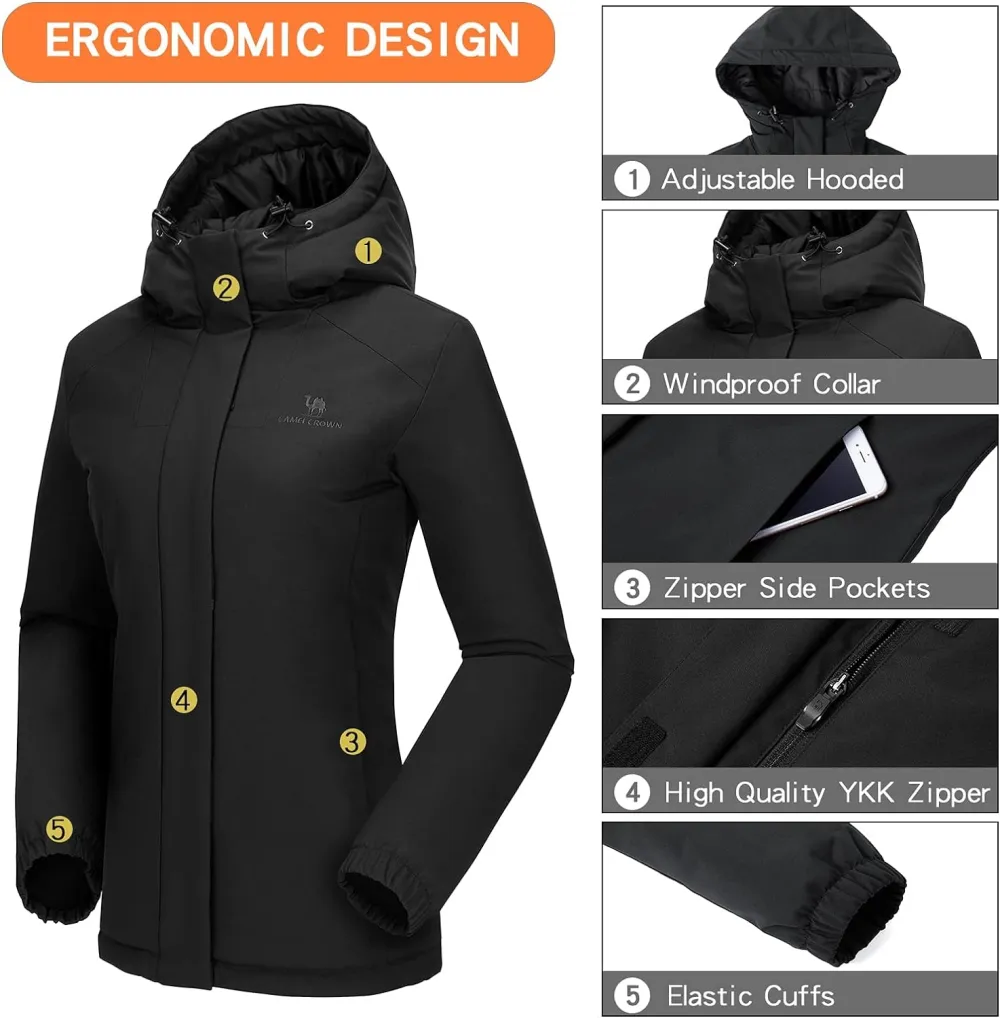 Women's Waterproof Mountain Ski Snow Jacket with Fleece Outdoor Windproof Raincoat Hooded for Fall and Winter