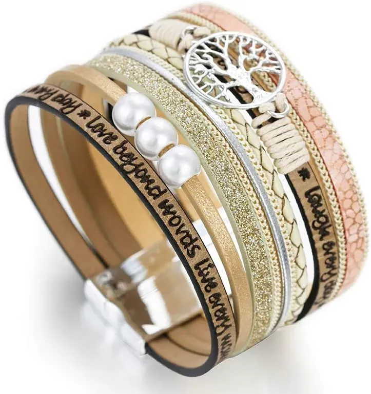 Fesciory Leather Wrap Bracelets for Women, Boho Leopard Multi-Layer Crystal Beads Cuff Bracelet Jewelry