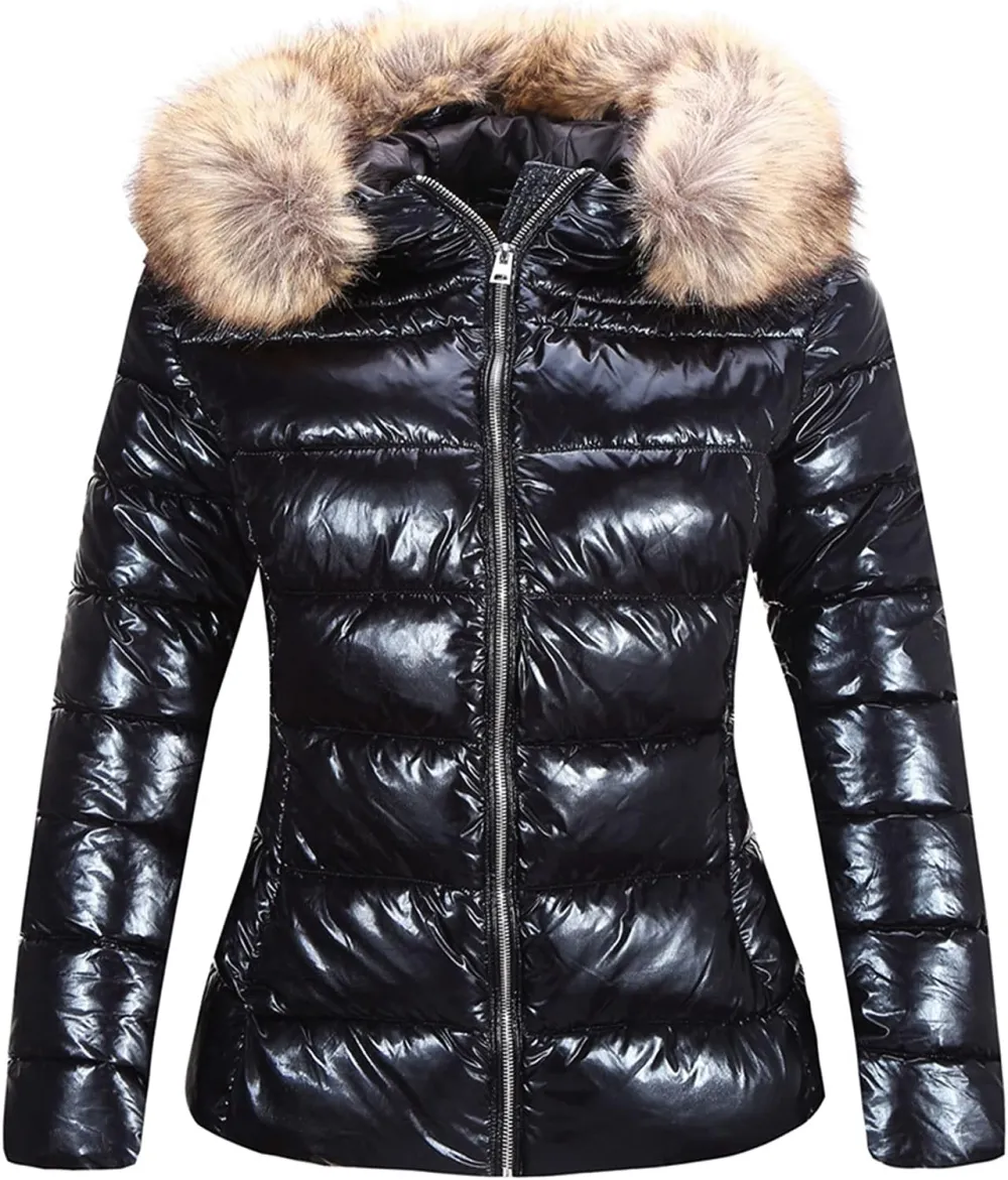 Womens Lightweight Puffer Jacket, Winter Coats for Women Warm Quilted Bubble Padded Hood Coat with Faux Fur Collar