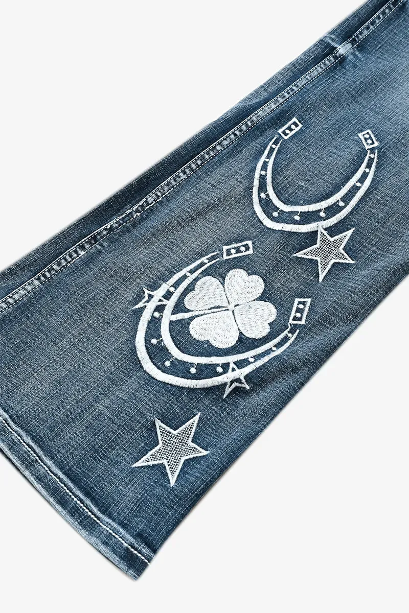 Star & Moon Pattern Button Front Mid Rise Bootcut Jeans