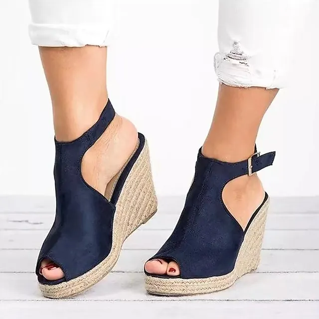 Women's Sandals Plus Size Outdoor Office Daily Summer Buckle Wedge Heel Peep Toe Casual Minimalism Walking Nubuck Faux Suede Buckle Solid Colored Black Pink Blue