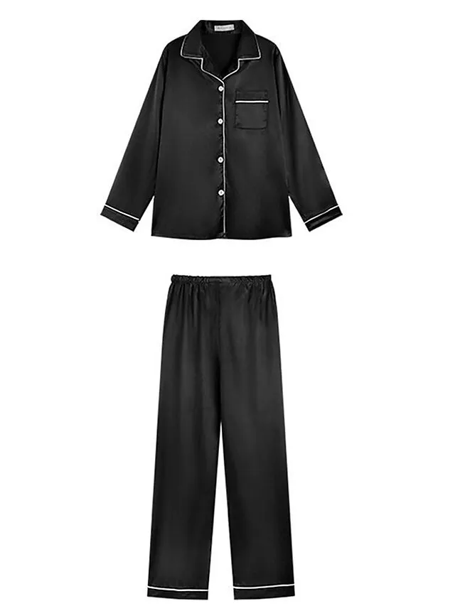 Women's Satin Silk Lounge Sets Satin Pajama Sets Pure Color Fashion Casual Comfort Home Daily Bed Satin Breathable Lapel Long Sleeve Shirt Pant Button Pocket Summer Fall Black White