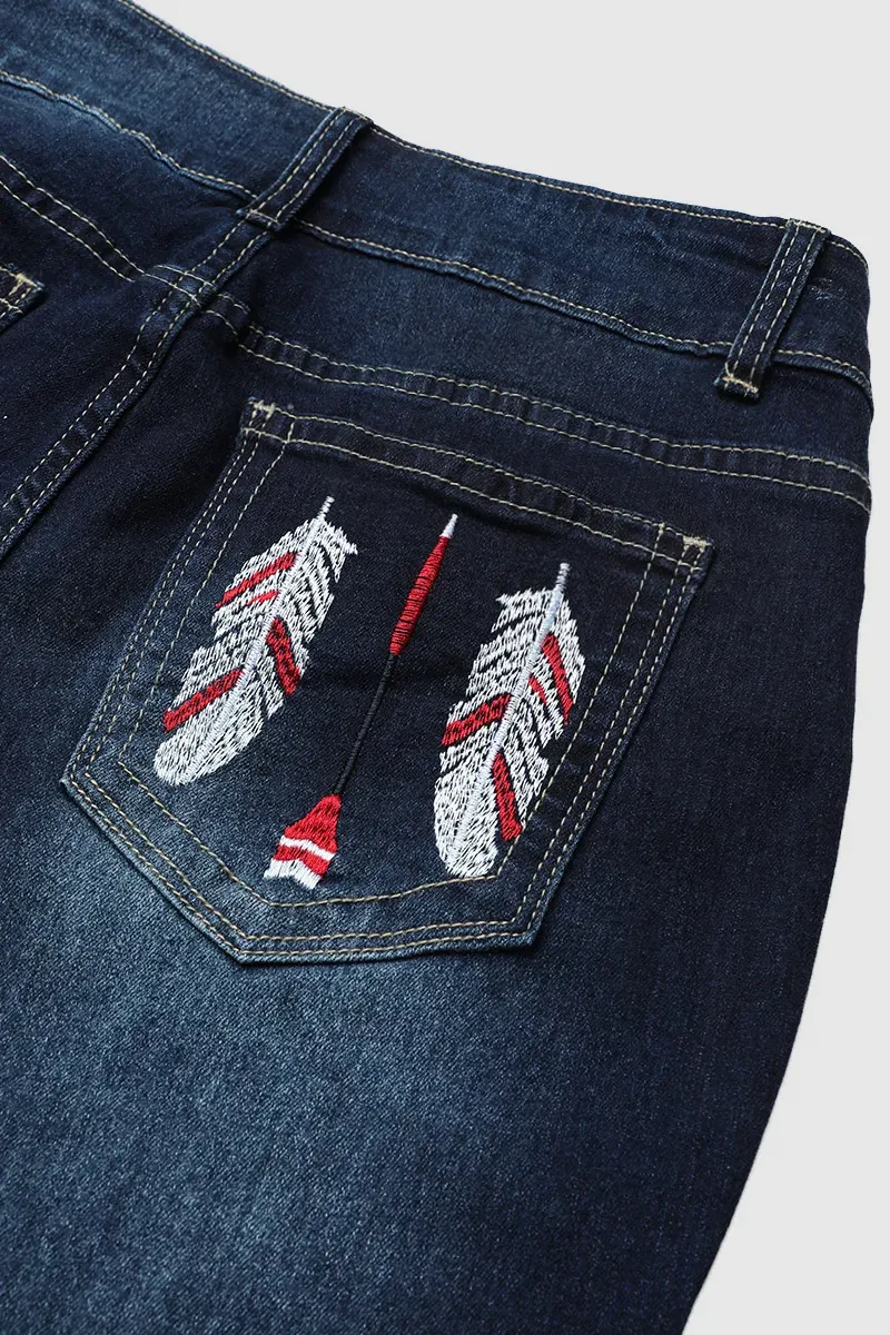 Feather Embroidery Mid Rise Bootcut Jeans