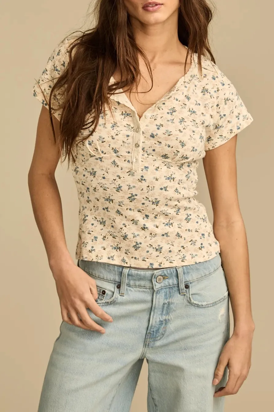 Blue Multi Crochet Trim Short Sleeve Henley