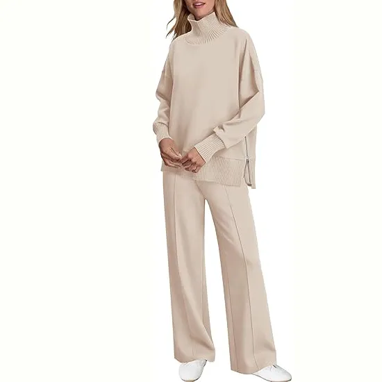 Women's 2-Piece Lounge Set 🧶 | Cozy Knit Turtleneck Top & Matching Pants Outfit