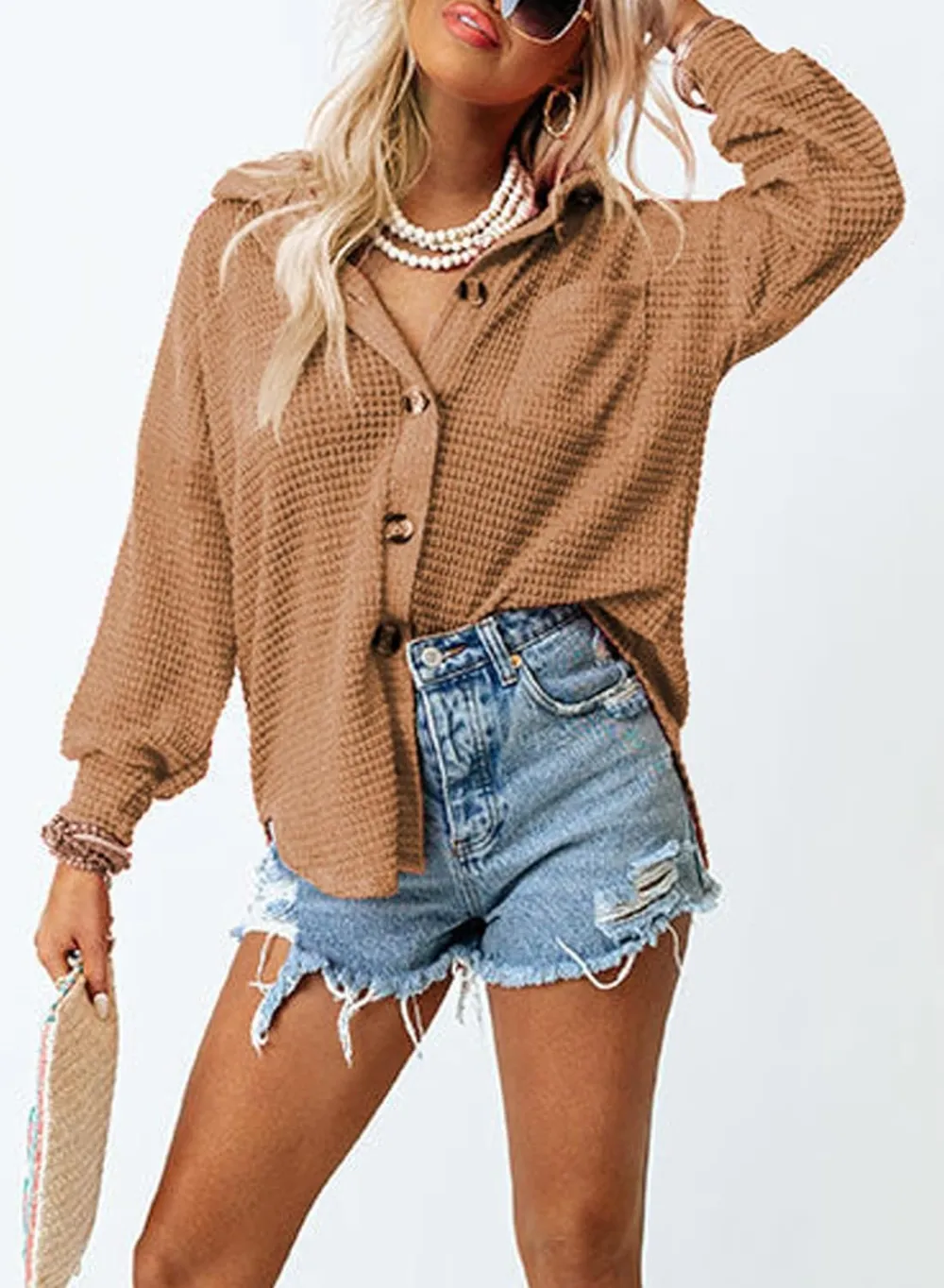 Womens Waffle Knit Button Down Shirts Casual Long Sleeve Shacket Jacket Boyfriend Tops Blouses Loose Fit