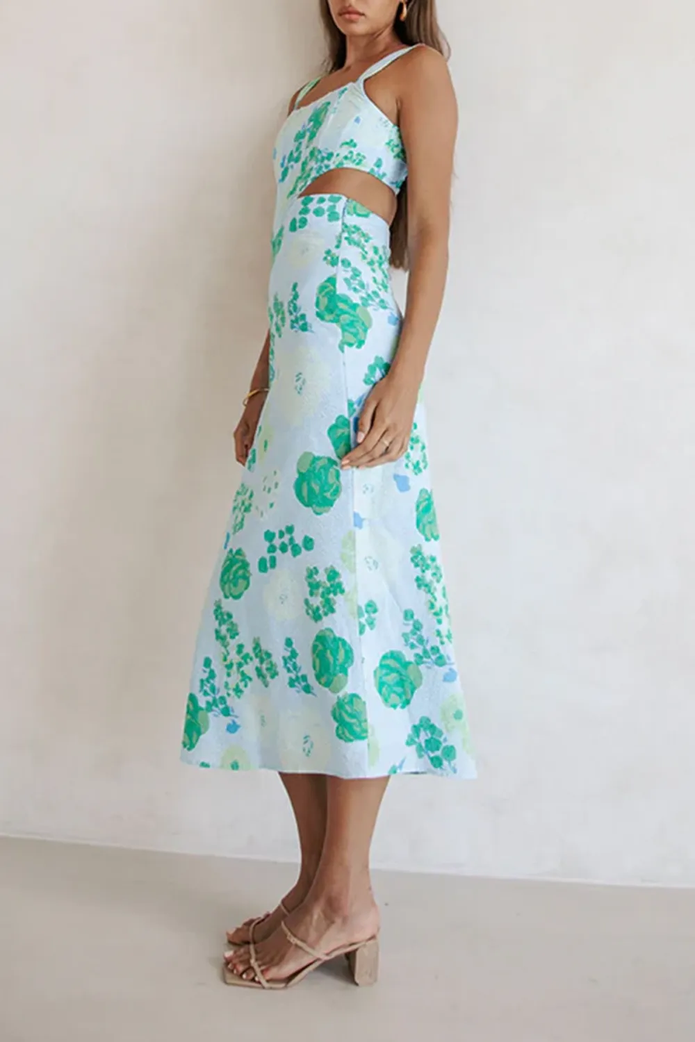 Square Neck Cut Out Floral Midi Dress