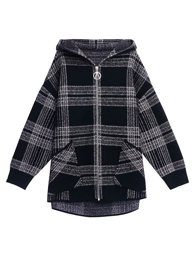 Women's Hoodie Jacket Fall Zip up Sweatshirt Plaid Print Winter Cropped Coat Windproof Warm Casual Jacket Long Sleeve Plaid with Pockets Black