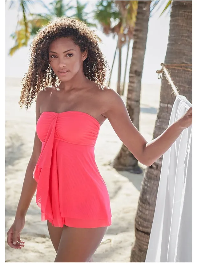 Women's Swimwear Tankini 2 Piece Normal Swimsuit 2 Piece Modest Swimwear Bandeau Strapless Solid Color Black Pink Royal Blue Green Khaki Padded Strap Bathing Suits Sports Vacation Beach Wear