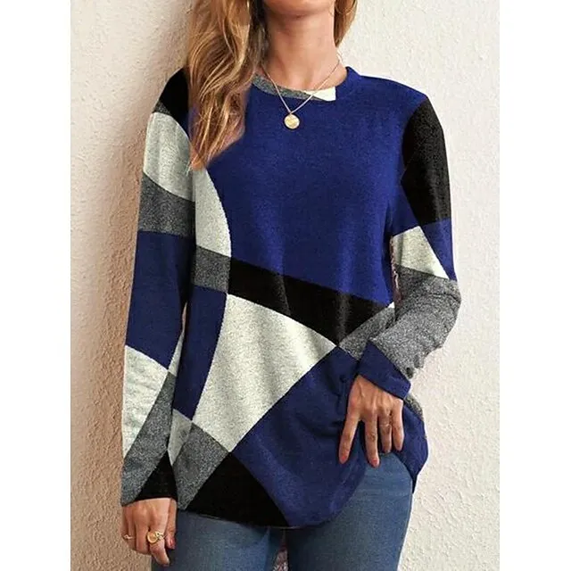 Women's T shirt Tee Red Blue Purple Geometic Color Block Office Basic Round Neck Fall Winter Fall & Winter