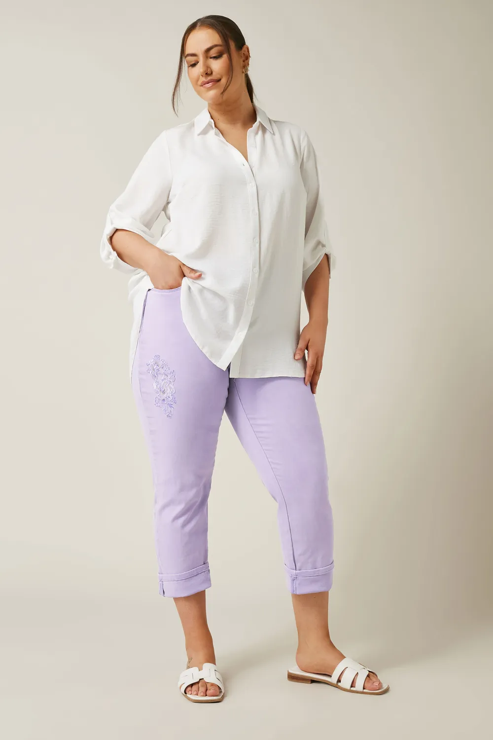 Evans Purple Embroidered Turn Up Denim Jean