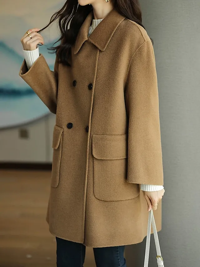 Women's Coat Fall Winter Long Pea Coat Windproof Wool Blend Coat with Pockets Maillard Warm Modern Style Casual Trendy Jacket Long Sleeve Plain Black Red Camel