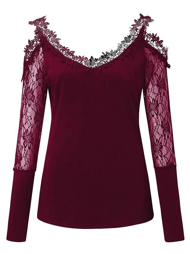 Women's T shirt Tee Going Out Tops Burgundy Tee Plain Casual Weekend Black Wine Blue Lace Cut Out Long Sleeve Basic Off Shoulder V Neck Regular Fit Fall & Winter