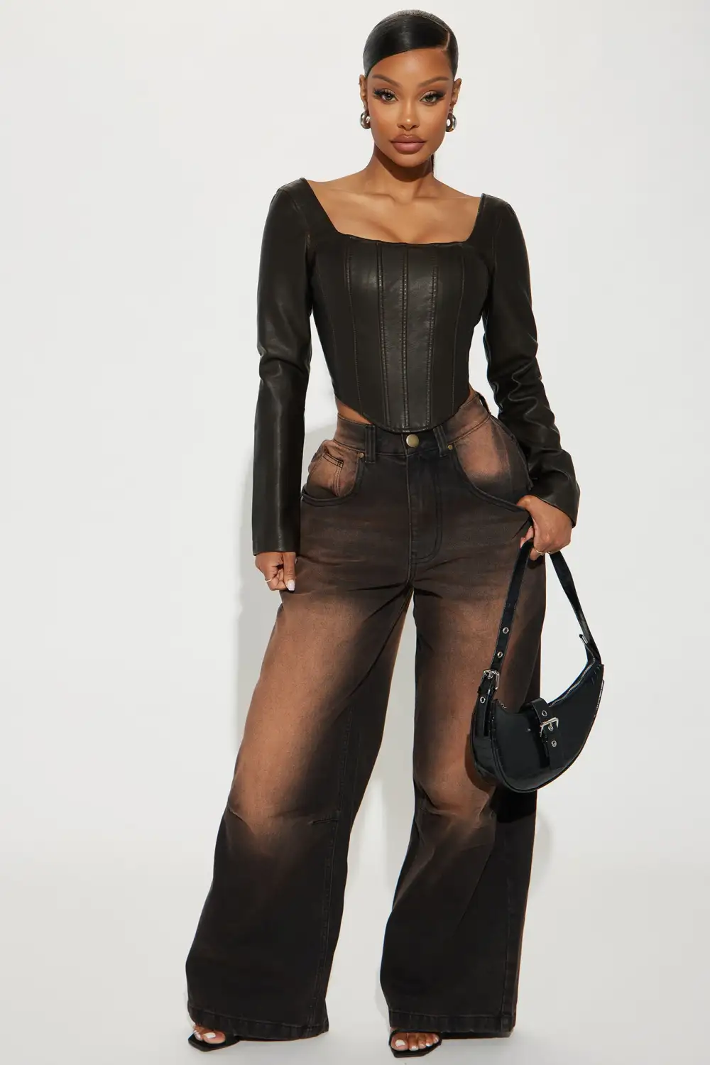 Let's Ride Washed Faux Leather Corset Top - Black