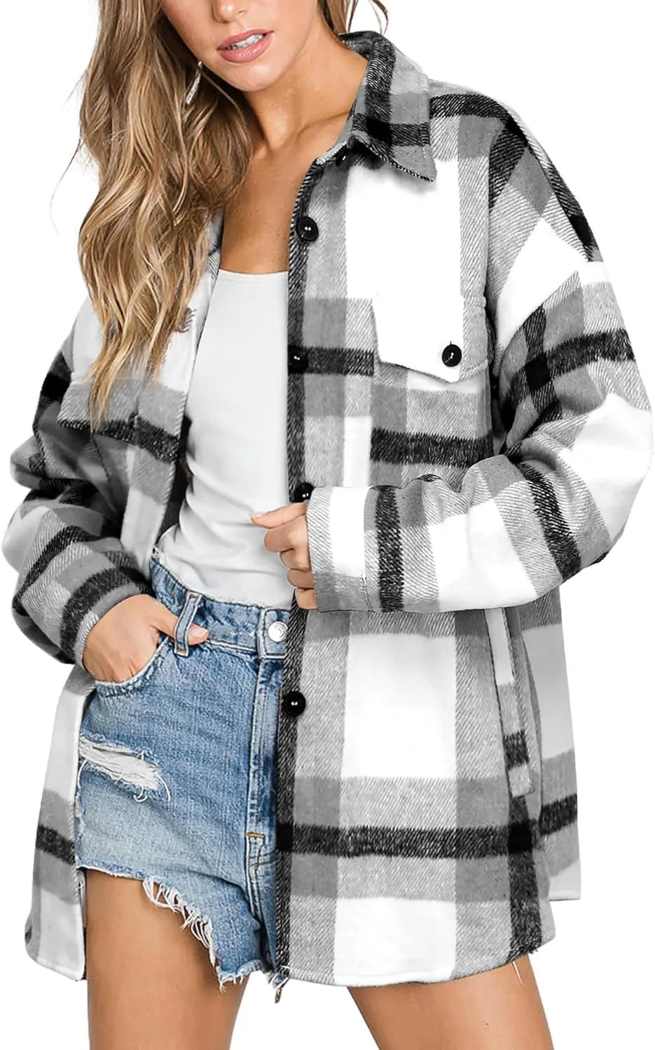 Women's Flannel Plaid Shacket Long Sleeve Button Down Chest Pocketed Shirts Jacket Coats