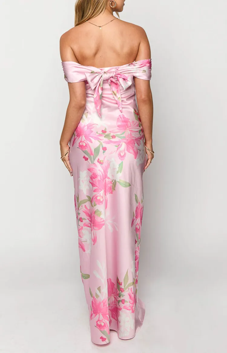 Off Shoulder Pink Floral Maxi Dress
