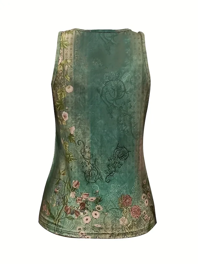 Women's Tank Top White Red Blue Floral Button Print Short Sleeve Casual Holiday Basic V Neck Regular Fit Floral