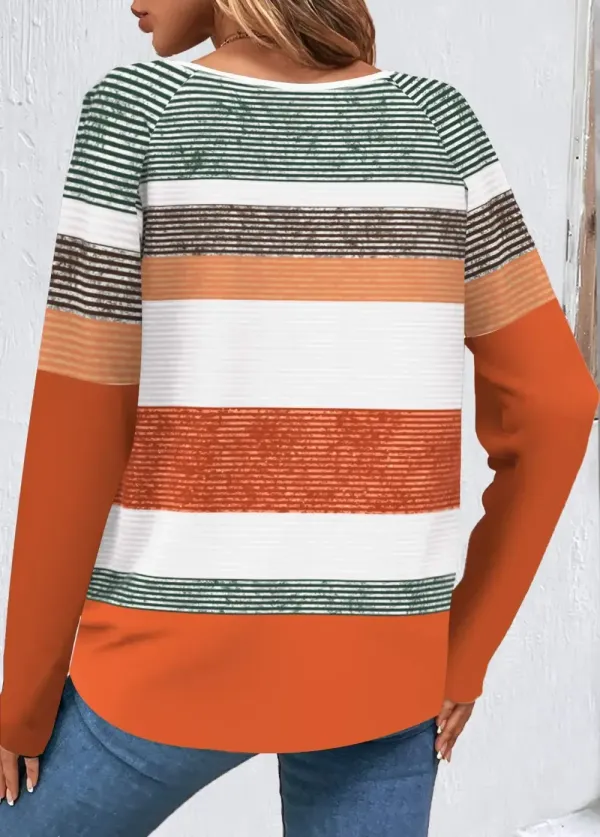Orange Button Multi Stripe Print T Shirt