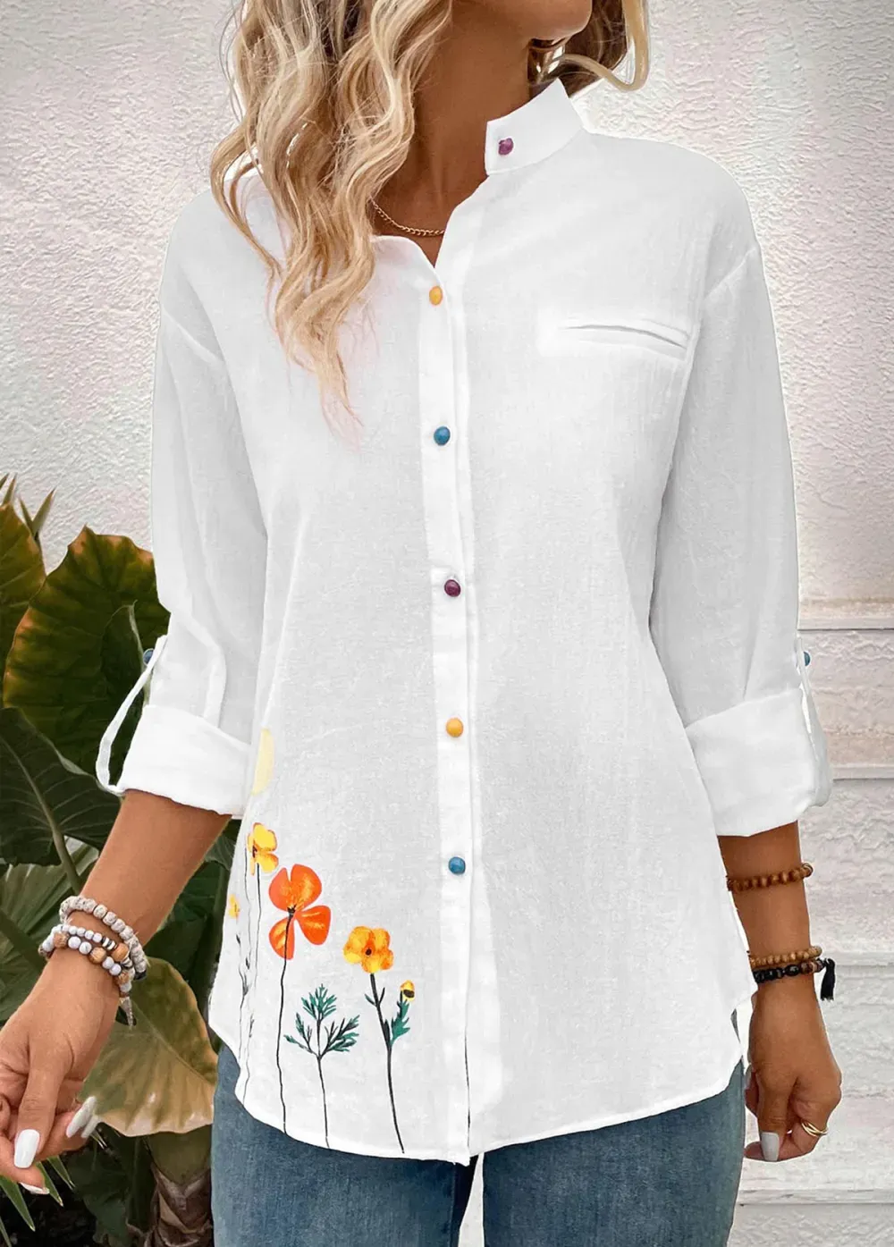 White Button Floral Print Long Sleeve Stand Collar Blouse