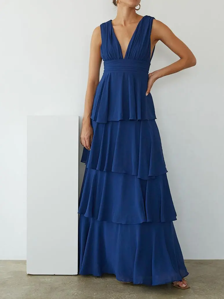 Back Zipper Tiered Maxi Dress